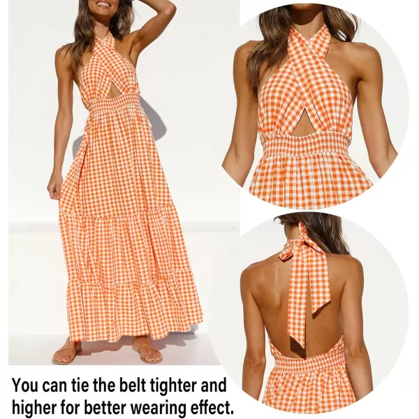 imageZESICA Womens Summer Crossover Halter Neck Sleeveless Plaid Cut Out Backless Flowy A Line Maxi DressOrange
