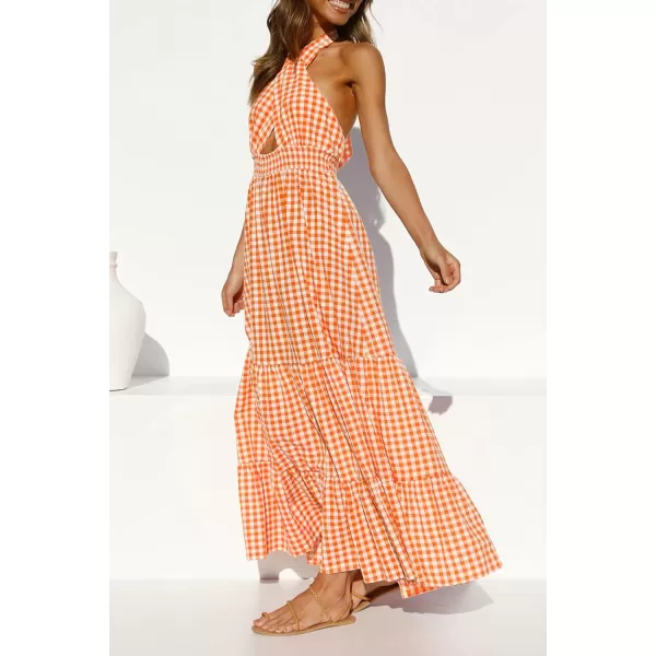 imageZESICA Womens Summer Crossover Halter Neck Sleeveless Plaid Cut Out Backless Flowy A Line Maxi DressOrange