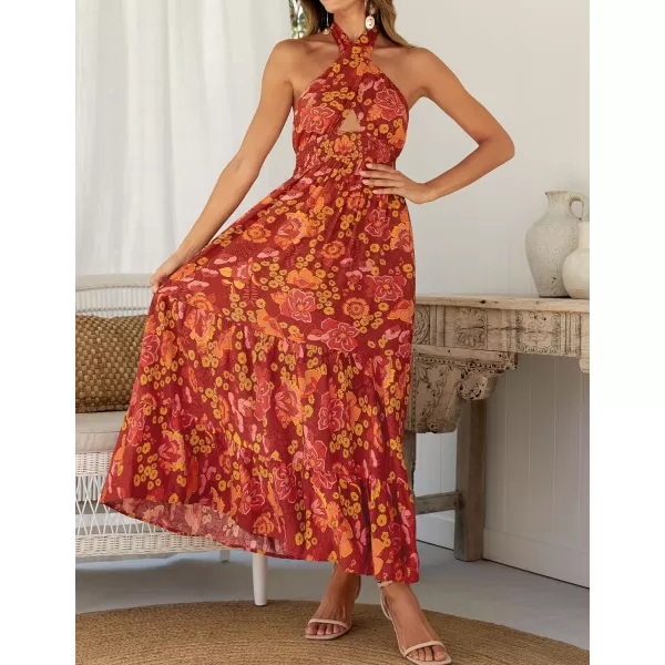 imageZESICA Womens Summer Crossover Halter Neck Sleeveless Plaid Cut Out Backless Flowy A Line Maxi DressOrangerust