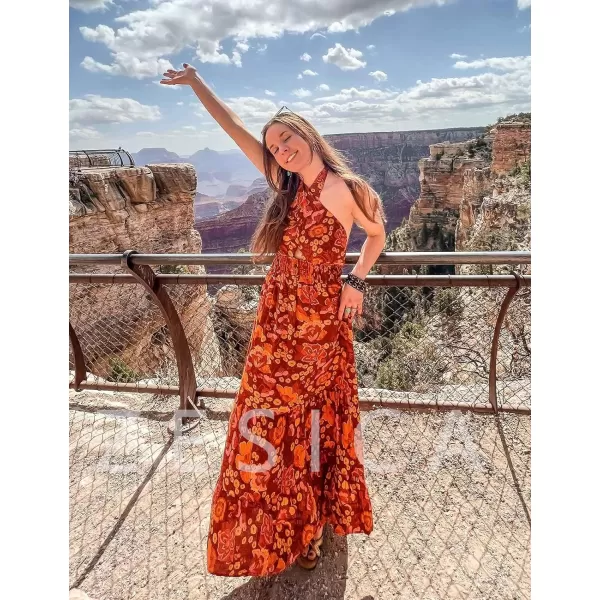 imageZESICA Womens Summer Crossover Halter Neck Sleeveless Plaid Cut Out Backless Flowy A Line Maxi DressOrangerust