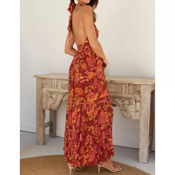 imageZESICA Womens Summer Crossover Halter Neck Sleeveless Plaid Cut Out Backless Flowy A Line Maxi DressOrangerust
