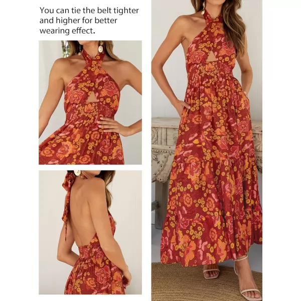 imageZESICA Womens Summer Crossover Halter Neck Sleeveless Plaid Cut Out Backless Flowy A Line Maxi DressOrangerust