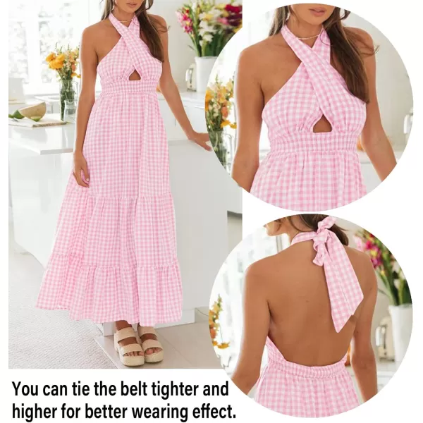 imageZESICA Womens Summer Crossover Halter Neck Sleeveless Plaid Cut Out Backless Flowy A Line Maxi DressPink