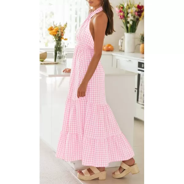 imageZESICA Womens Summer Crossover Halter Neck Sleeveless Plaid Cut Out Backless Flowy A Line Maxi DressPink