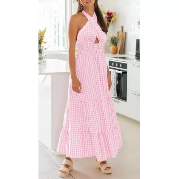 imageZESICA Womens Summer Crossover Halter Neck Sleeveless Plaid Cut Out Backless Flowy A Line Maxi DressPink
