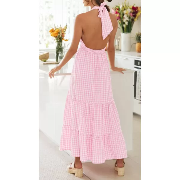 imageZESICA Womens Summer Crossover Halter Neck Sleeveless Plaid Cut Out Backless Flowy A Line Maxi DressPink