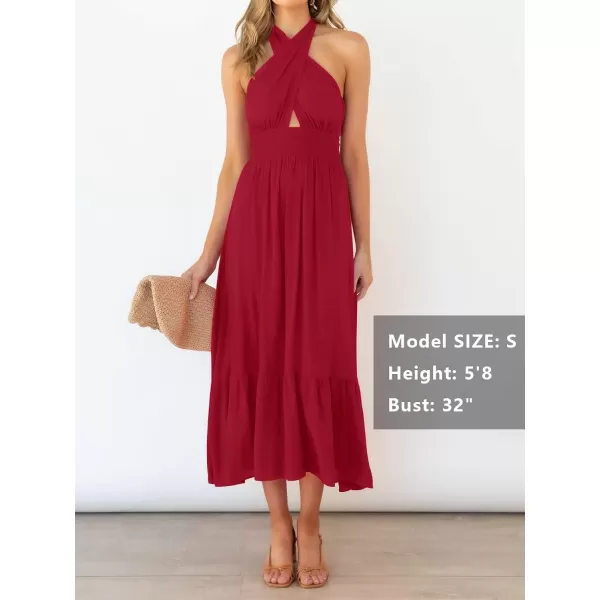 imageZESICA Womens Summer Crossover Halter Neck Sleeveless Plaid Cut Out Backless Flowy A Line Maxi DressRed