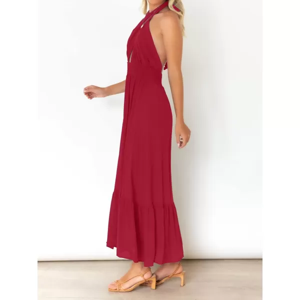 imageZESICA Womens Summer Crossover Halter Neck Sleeveless Plaid Cut Out Backless Flowy A Line Maxi DressRed
