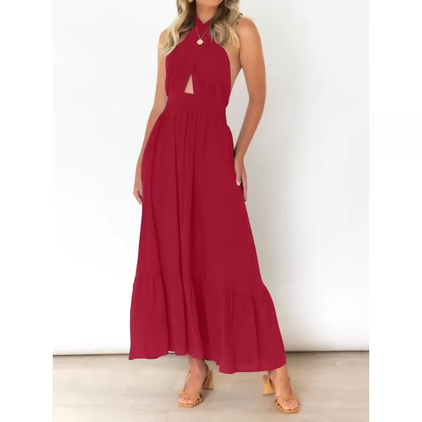 imageZESICA Womens Summer Crossover Halter Neck Sleeveless Plaid Cut Out Backless Flowy A Line Maxi DressRed