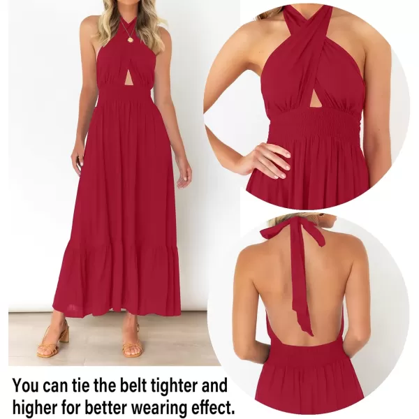 imageZESICA Womens Summer Crossover Halter Neck Sleeveless Plaid Cut Out Backless Flowy A Line Maxi DressRed