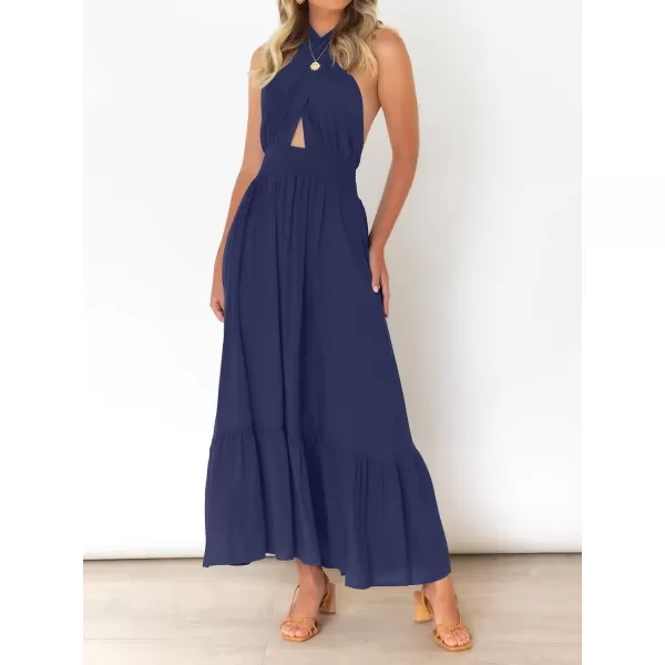 imageZESICA Womens Summer Crossover Halter Neck Sleeveless Plaid Cut Out Backless Flowy A Line Maxi DressRoyalblue