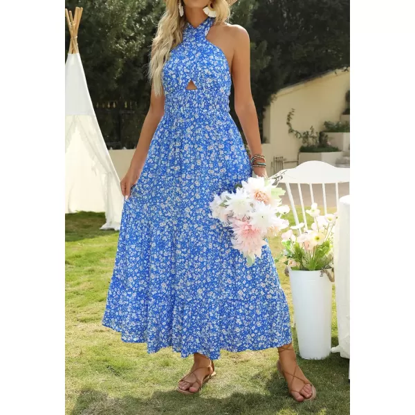 imageZESICA Womens Summer Crossover Halter Neck Sleeveless Plaid Cut Out Backless Flowy A Line Maxi DressSkyblue