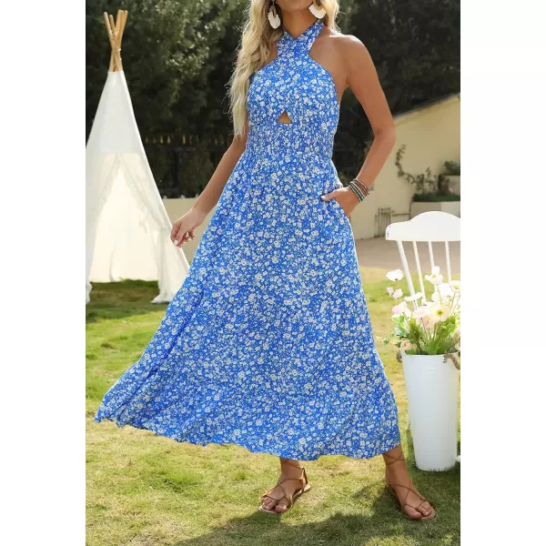 imageZESICA Womens Summer Crossover Halter Neck Sleeveless Plaid Cut Out Backless Flowy A Line Maxi DressSkyblue