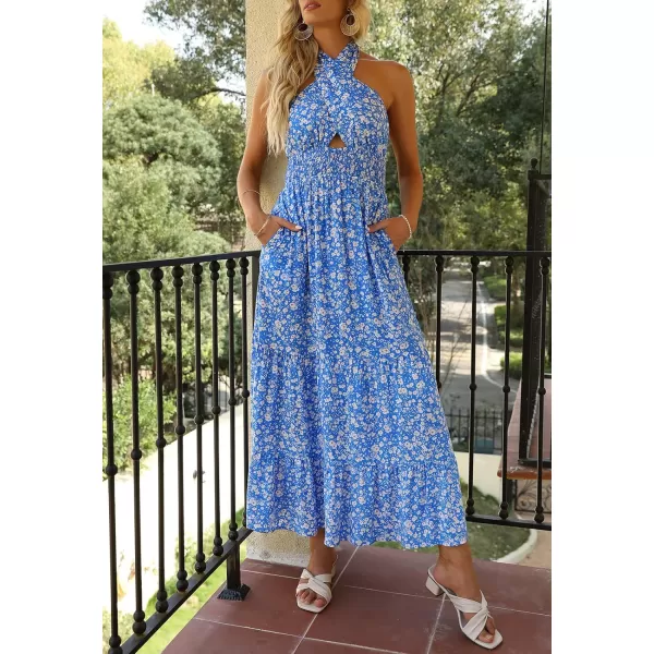 imageZESICA Womens Summer Crossover Halter Neck Sleeveless Plaid Cut Out Backless Flowy A Line Maxi DressSkyblue