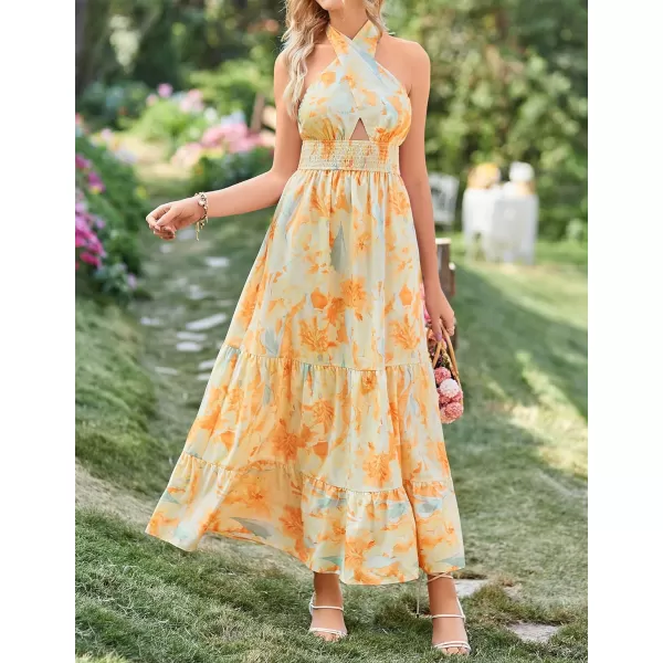 imageZESICA Womens Summer Crossover Halter Neck Sleeveless Plaid Cut Out Backless Flowy A Line Maxi DressSunsetyellow