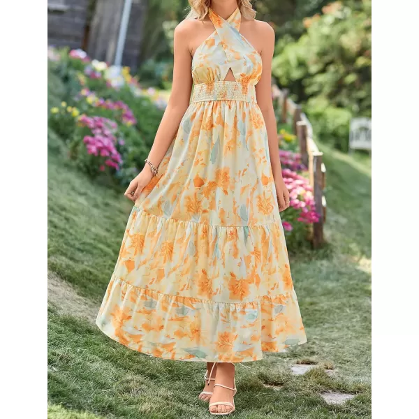 imageZESICA Womens Summer Crossover Halter Neck Sleeveless Plaid Cut Out Backless Flowy A Line Maxi DressSunsetyellow