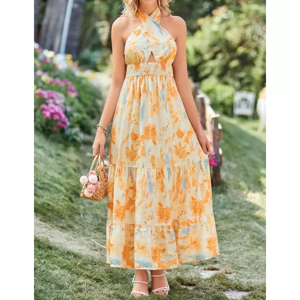 imageZESICA Womens Summer Crossover Halter Neck Sleeveless Plaid Cut Out Backless Flowy A Line Maxi DressSunsetyellow