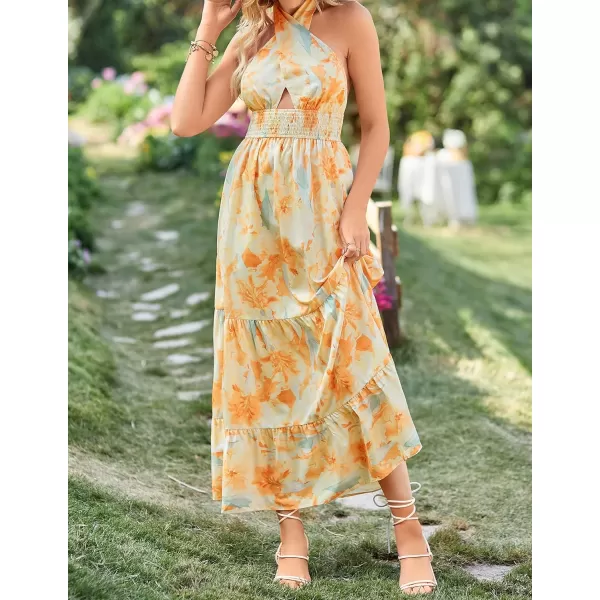 imageZESICA Womens Summer Crossover Halter Neck Sleeveless Plaid Cut Out Backless Flowy A Line Maxi DressSunsetyellow