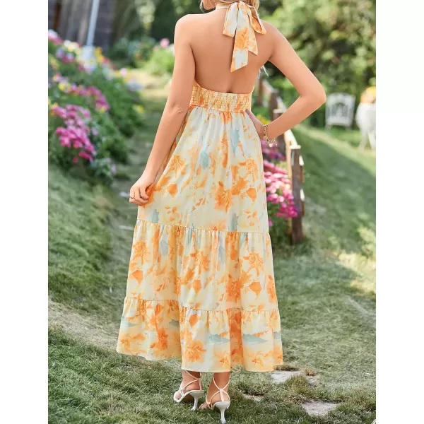 imageZESICA Womens Summer Crossover Halter Neck Sleeveless Plaid Cut Out Backless Flowy A Line Maxi DressSunsetyellow