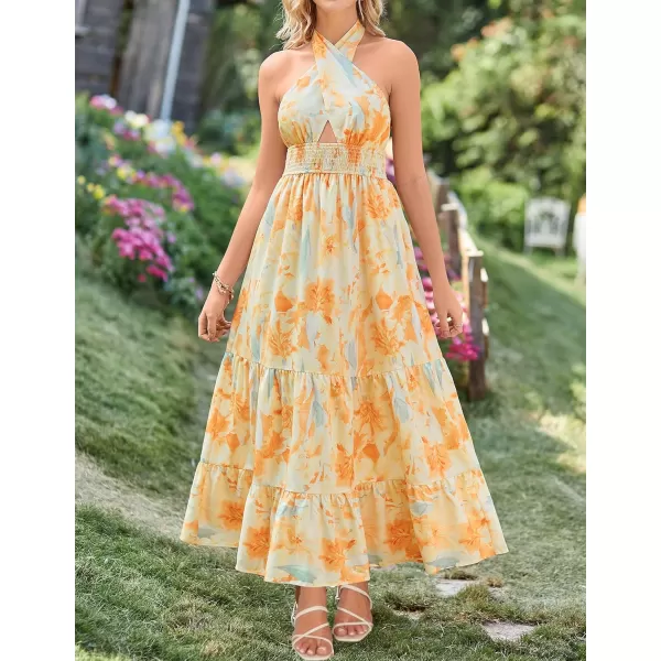 imageZESICA Womens Summer Crossover Halter Neck Sleeveless Plaid Cut Out Backless Flowy A Line Maxi DressSunsetyellow