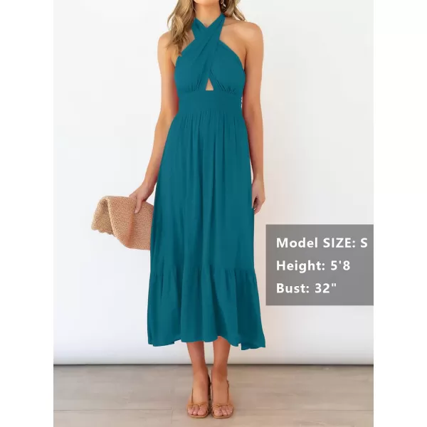 imageZESICA Womens Summer Crossover Halter Neck Sleeveless Plaid Cut Out Backless Flowy A Line Maxi DressTeal