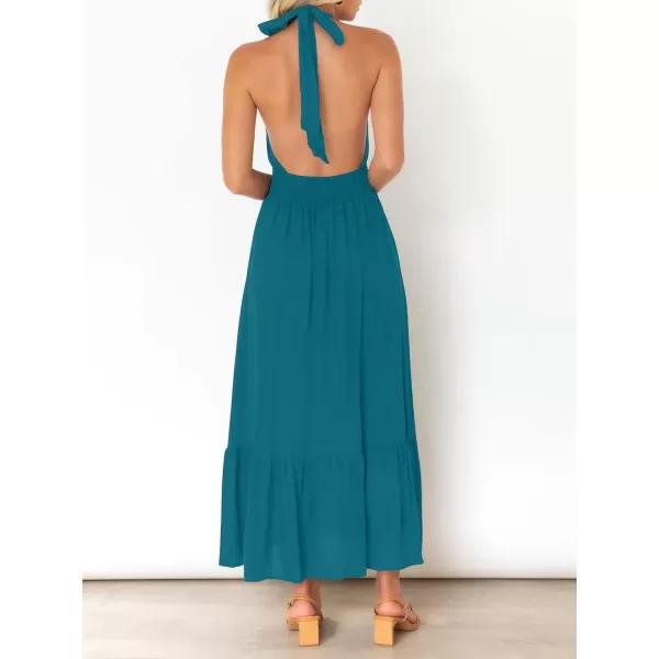 imageZESICA Womens Summer Crossover Halter Neck Sleeveless Plaid Cut Out Backless Flowy A Line Maxi DressTeal