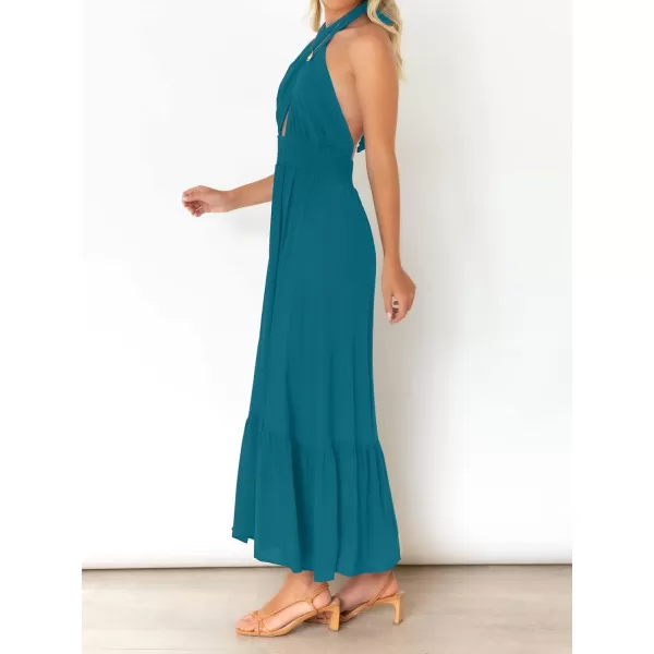 imageZESICA Womens Summer Crossover Halter Neck Sleeveless Plaid Cut Out Backless Flowy A Line Maxi DressTeal