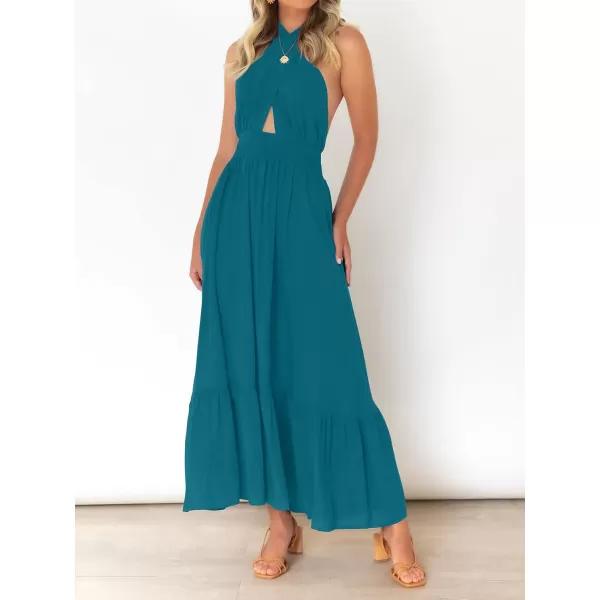 imageZESICA Womens Summer Crossover Halter Neck Sleeveless Plaid Cut Out Backless Flowy A Line Maxi DressTeal