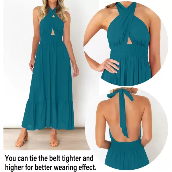imageZESICA Womens Summer Crossover Halter Neck Sleeveless Plaid Cut Out Backless Flowy A Line Maxi DressTeal