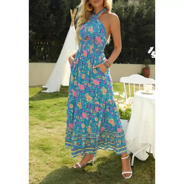 imageZESICA Womens Summer Crossover Halter Neck Sleeveless Plaid Cut Out Backless Flowy A Line Maxi DressVintagegreen