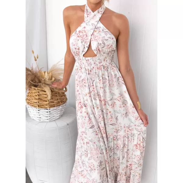 imageZESICA Womens Summer Crossover Halter Neck Sleeveless Plaid Cut Out Backless Flowy A Line Maxi DressWhite