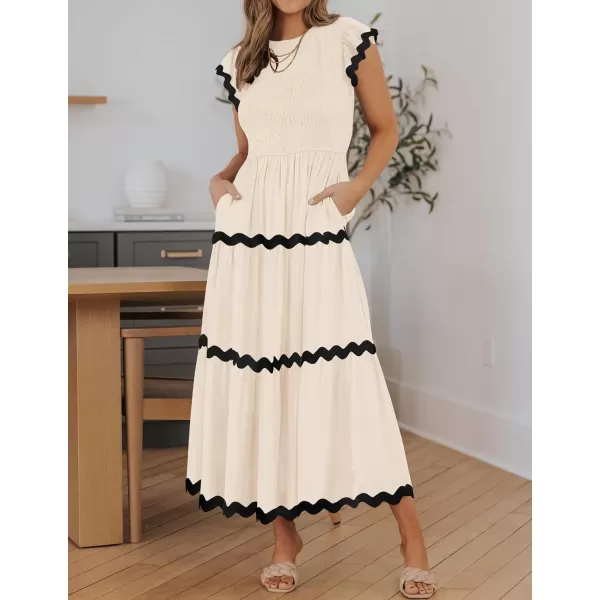 imageZESICA Womens Summer Flutter Short Sleeve Smocked Midi Dress 2024 Casual High Waist Rickrack Tiered Flowy DressesApricot