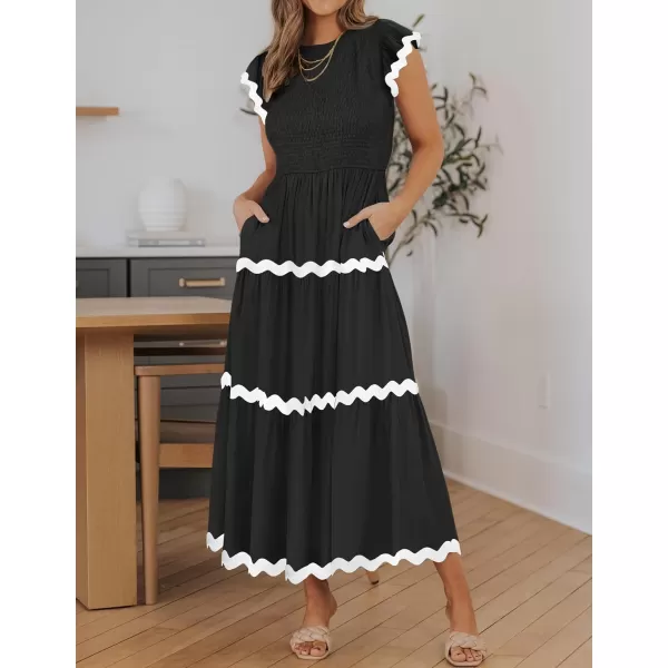 imageZESICA Womens Summer Flutter Short Sleeve Smocked Midi Dress 2024 Casual High Waist Rickrack Tiered Flowy DressesBlack