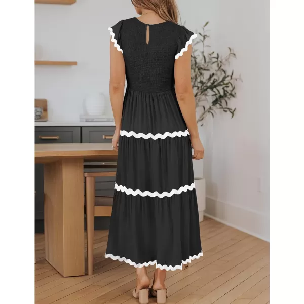 imageZESICA Womens Summer Flutter Short Sleeve Smocked Midi Dress 2024 Casual High Waist Rickrack Tiered Flowy DressesBlack