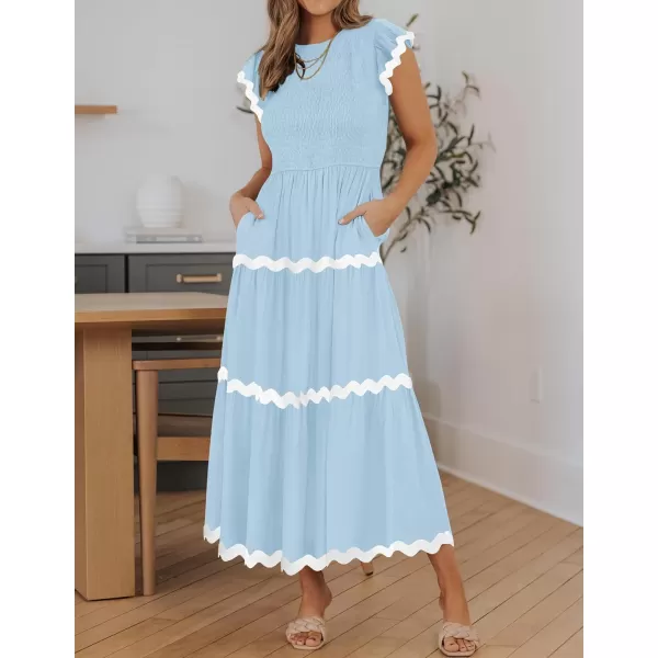 imageZESICA Womens Summer Flutter Short Sleeve Smocked Midi Dress 2024 Casual High Waist Rickrack Tiered Flowy DressesBlue