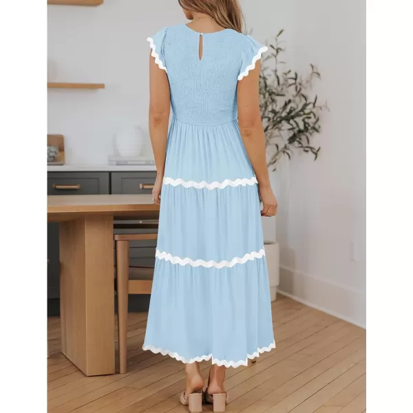 imageZESICA Womens Summer Flutter Short Sleeve Smocked Midi Dress 2024 Casual High Waist Rickrack Tiered Flowy DressesBlue