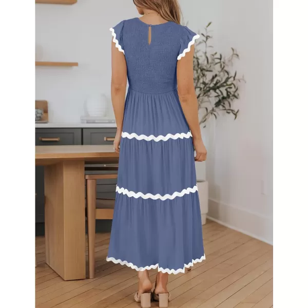 imageZESICA Womens Summer Flutter Short Sleeve Smocked Midi Dress 2024 Casual High Waist Rickrack Tiered Flowy DressesDusty Blue