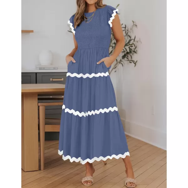 imageZESICA Womens Summer Flutter Short Sleeve Smocked Midi Dress 2024 Casual High Waist Rickrack Tiered Flowy DressesDusty Blue