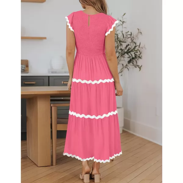 imageZESICA Womens Summer Flutter Short Sleeve Smocked Midi Dress 2024 Casual High Waist Rickrack Tiered Flowy DressesHot Pink