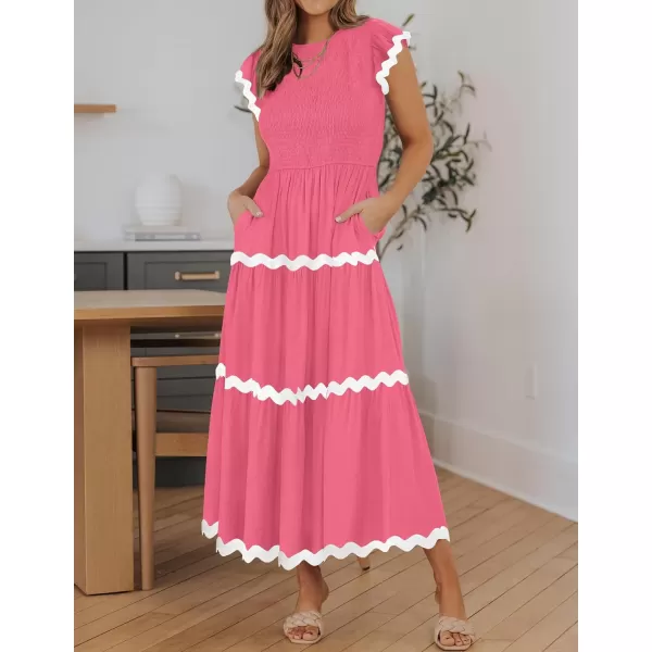 imageZESICA Womens Summer Flutter Short Sleeve Smocked Midi Dress 2024 Casual High Waist Rickrack Tiered Flowy DressesHot Pink