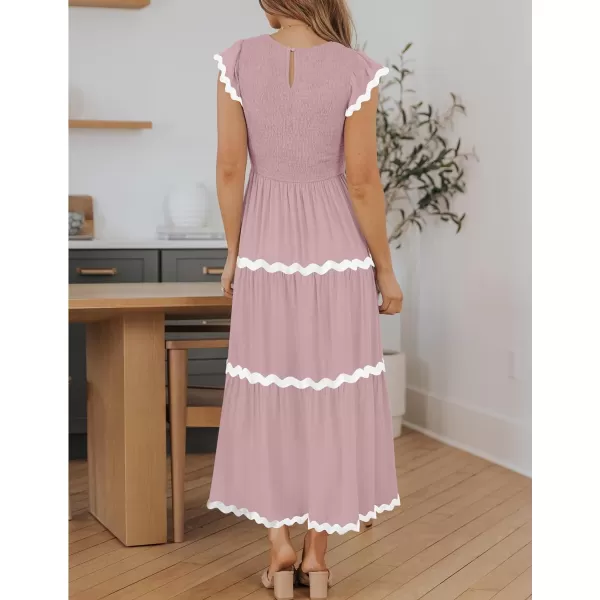 imageZESICA Womens Summer Flutter Short Sleeve Smocked Midi Dress 2024 Casual High Waist Rickrack Tiered Flowy DressesPink