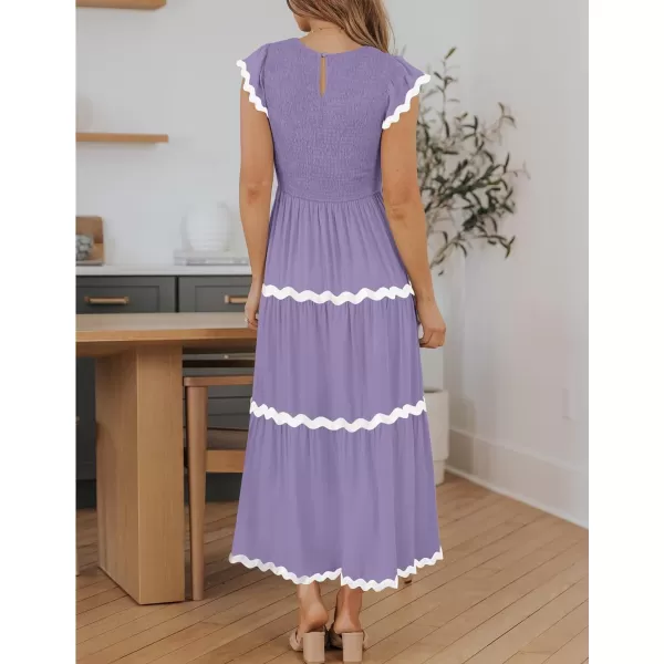 imageZESICA Womens Summer Flutter Short Sleeve Smocked Midi Dress 2024 Casual High Waist Rickrack Tiered Flowy DressesPurple