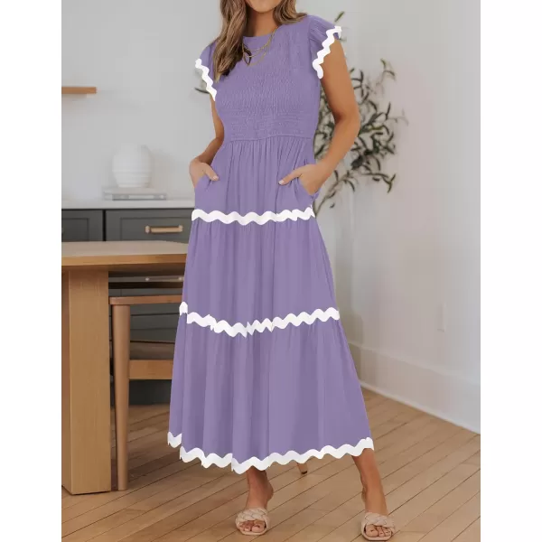 imageZESICA Womens Summer Flutter Short Sleeve Smocked Midi Dress 2024 Casual High Waist Rickrack Tiered Flowy DressesPurple
