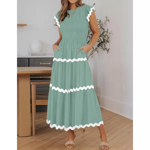 imageZESICA Womens Summer Flutter Short Sleeve Smocked Midi Dress 2024 Casual High Waist Rickrack Tiered Flowy DressesSage