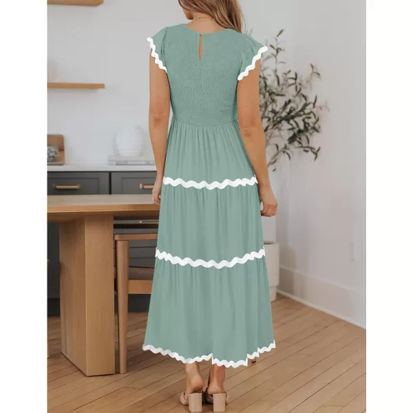 imageZESICA Womens Summer Flutter Short Sleeve Smocked Midi Dress 2024 Casual High Waist Rickrack Tiered Flowy DressesSage