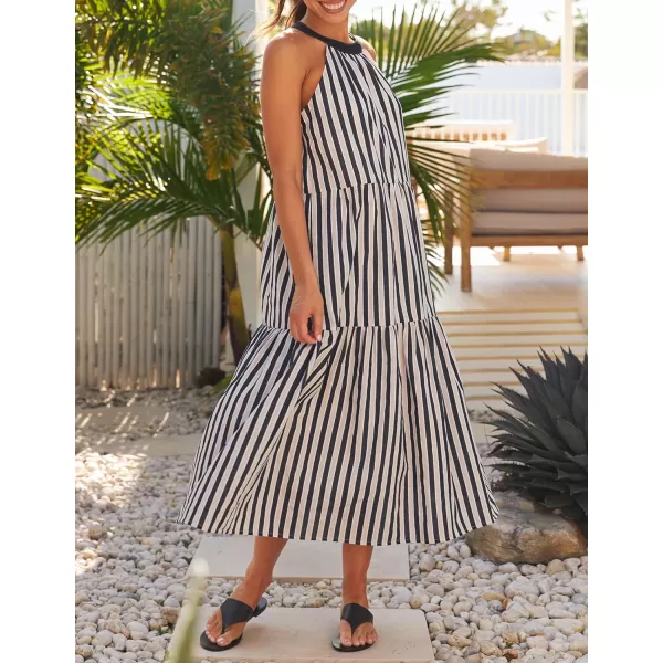 imageZESICA Womens Summer Halter Maxi Dresses 2024 Casual Boho Striped Sleeveless Tiered Flowy A Line Beach Long DressBlack