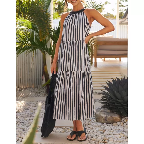 imageZESICA Womens Summer Halter Maxi Dresses 2024 Casual Boho Striped Sleeveless Tiered Flowy A Line Beach Long DressBlack