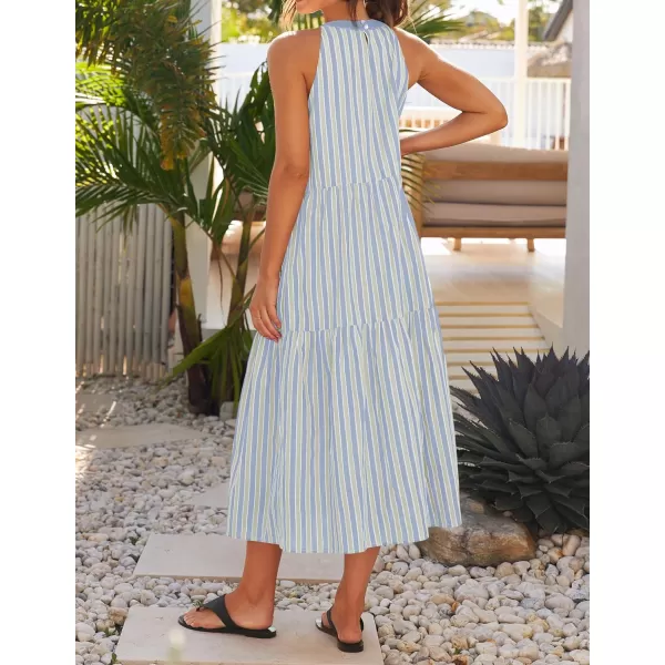imageZESICA Womens Summer Halter Maxi Dresses 2024 Casual Boho Striped Sleeveless Tiered Flowy A Line Beach Long DressBlue