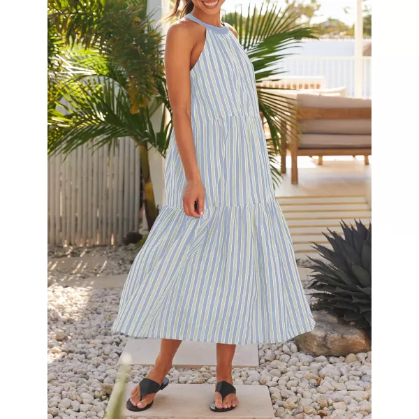 imageZESICA Womens Summer Halter Maxi Dresses 2024 Casual Boho Striped Sleeveless Tiered Flowy A Line Beach Long DressBlue