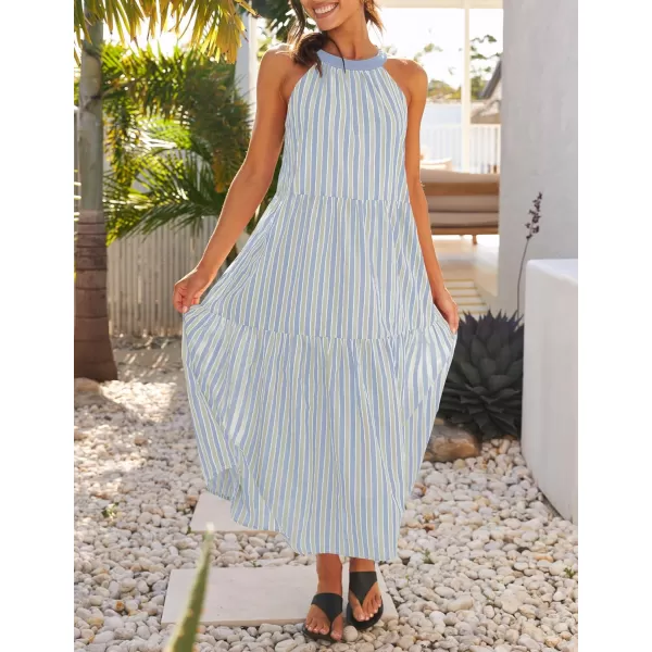 imageZESICA Womens Summer Halter Maxi Dresses 2024 Casual Boho Striped Sleeveless Tiered Flowy A Line Beach Long DressBlue